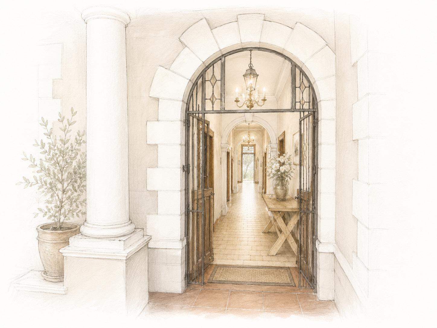 A warm illustration of an open entrance leading into a calm, light-filled space